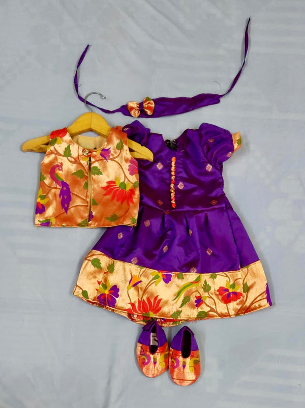 Baby set- premium purple with orange paithani frock with topra and booties