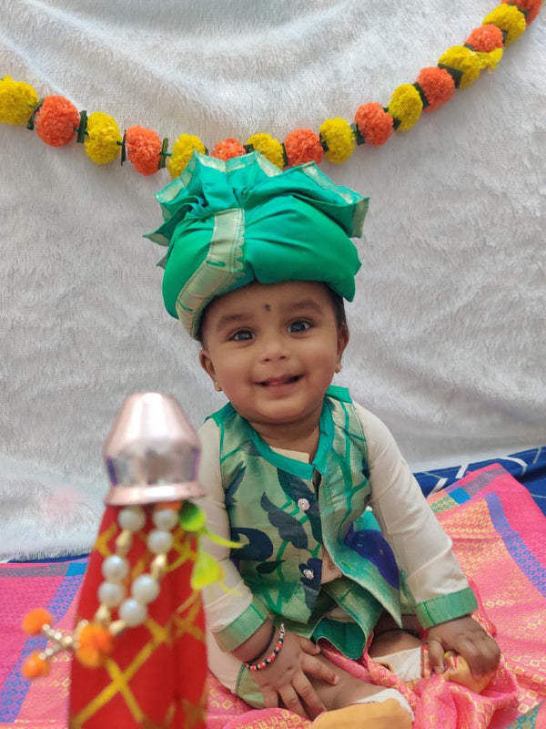 Baby boy set- rich cotton silk dhoti kurta with premium cream paithani jacket set with pheta topra and booties