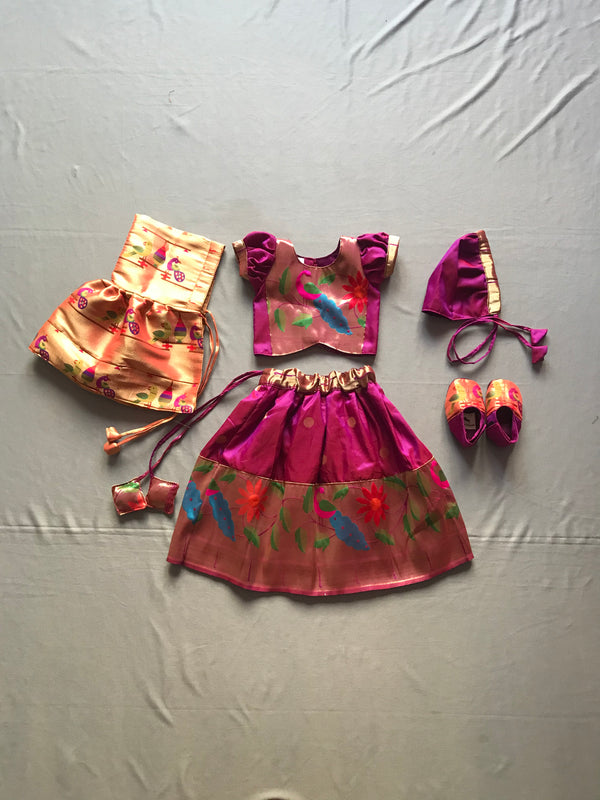 Baby set- premium dual tone pink with peacock border paithani parkar polka with kunchi and topra ,booties