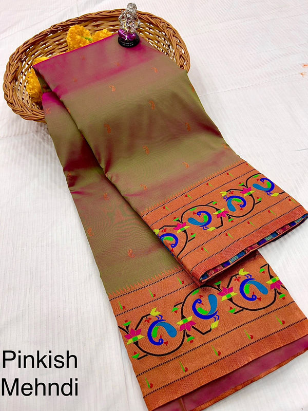 Premium banarsi katan silk paithani saree -color pinkish mehndi with golden peacock border