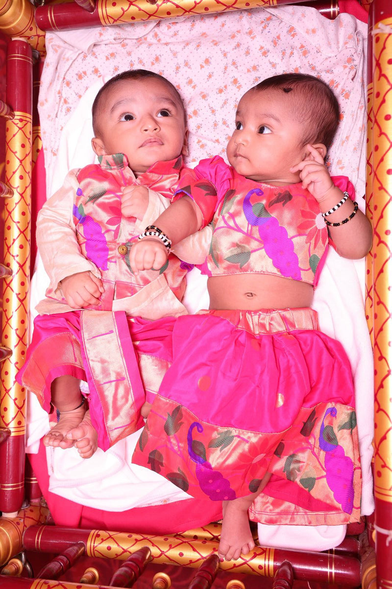 Baby boy set- cream cotton silk kurta with premium paithani pink dhoti and jacket set with pheta and booties