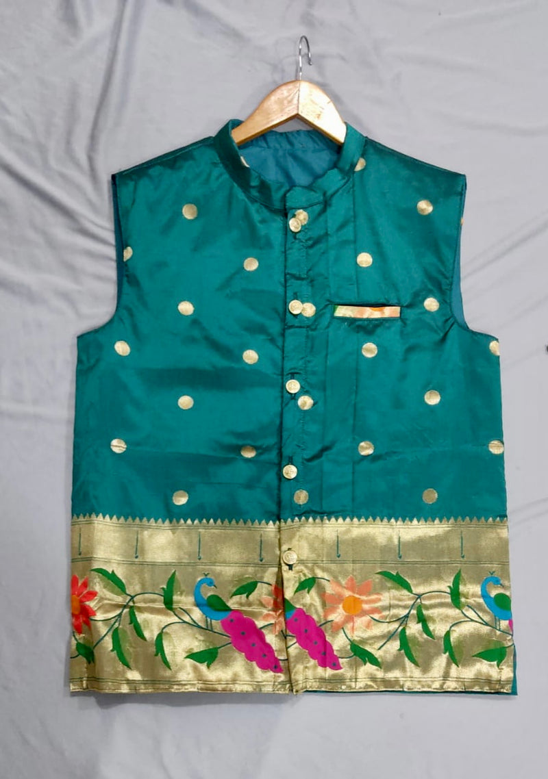 Men’s premium paithani jacket with peacock border - peacock green