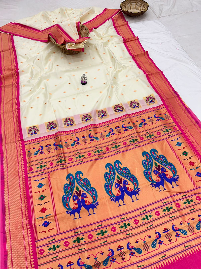 Premium Peacock pallu paithani saree - color cream with pink border