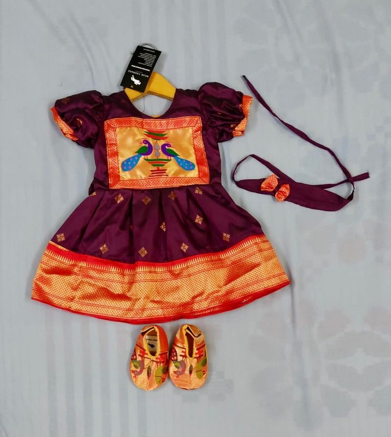 Baby set- premium wine paithani frock with booties and hairband