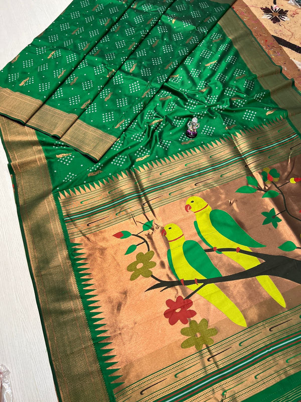 Premium bandhani soft silk paithani saree -color green with golden borde