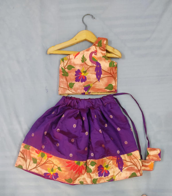 Girls premium purple paithani Skirt with peacock Border and paithani blouse