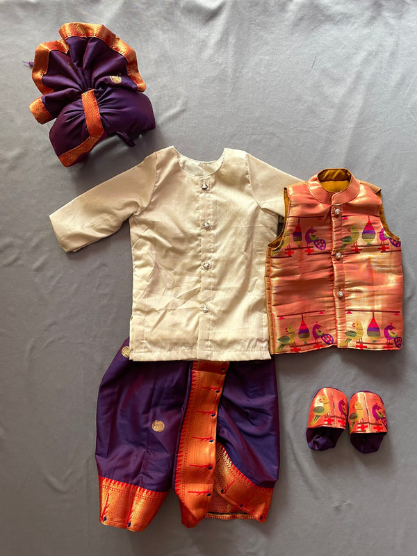 Baby boy set- rich cotton silk kurta with premium paithani dhoti and jacket set with pheta and booties