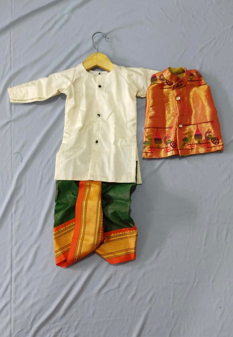 Boy's rich cotton silk (creem and green ) with golden border dhoti kurta with premium paithani jacket