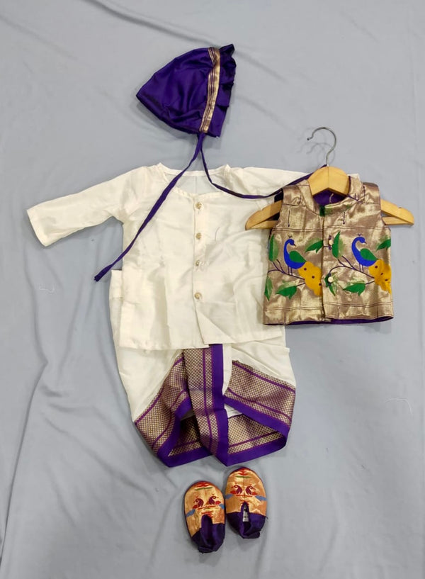 Baby boy set- Rich cotton silk dhoti kurta with premium paithani jacket set with topra and booties