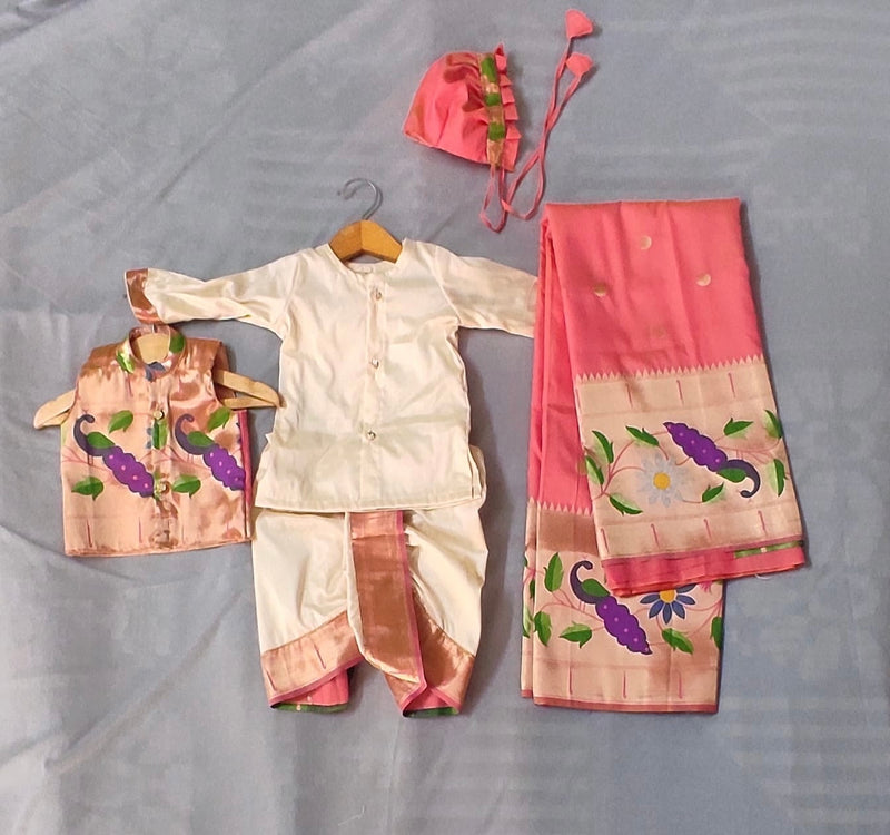 Premium paithani saree and Baby boy set- premium peach dhoti kurta jacket with topra