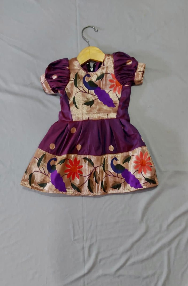 Girls premium wine paithani puff sleeves frock with peacock Border