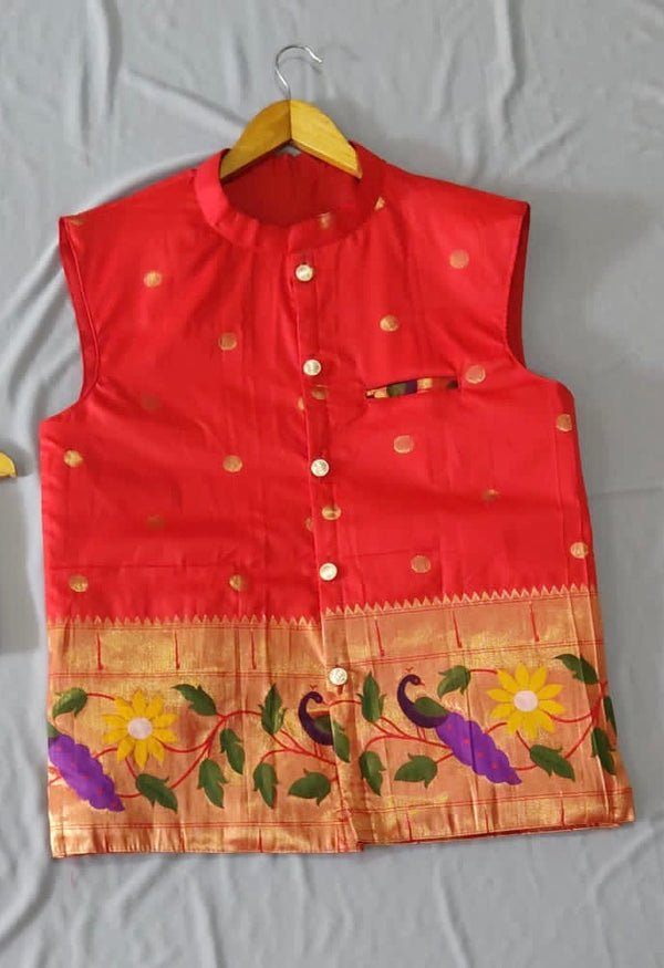 Men’s premium paithani jacket with peacock border - Red