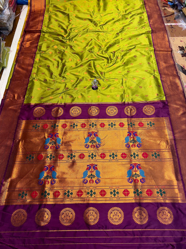 Premium Pure katan silk maharani paithani saree -color parrot green with golden border