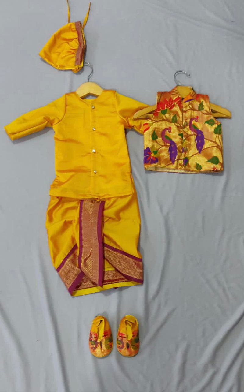 Baby boy set- premium yellow paithani dhoti kurta and jacket set with topra and booties