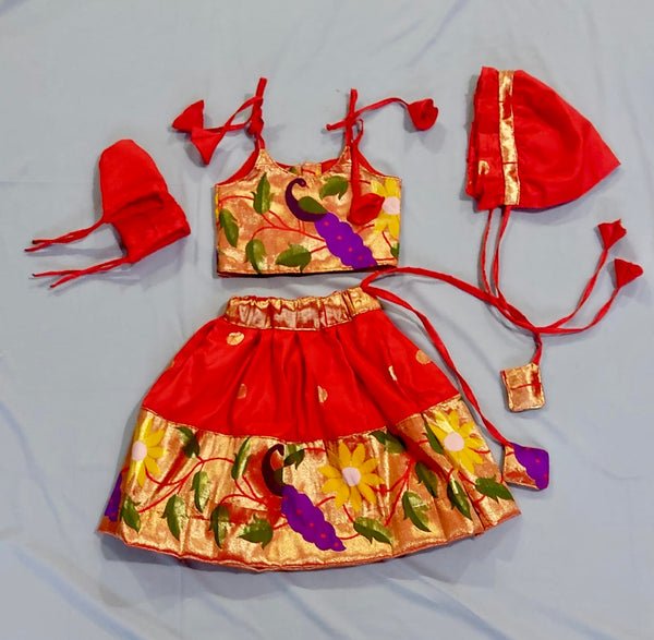 Baby set- red paithani parkar polka with peacock border with polka with mittens topra