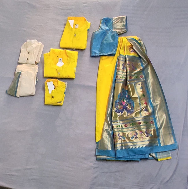 Premium paithani family outfits - color lemon yellow and blue border