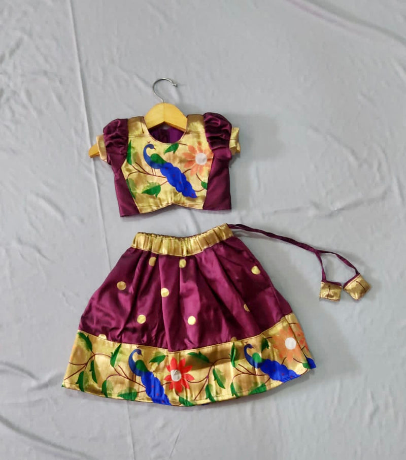 Girls premium wine paithani Skirt with peacock Border and puff sleeves blouse