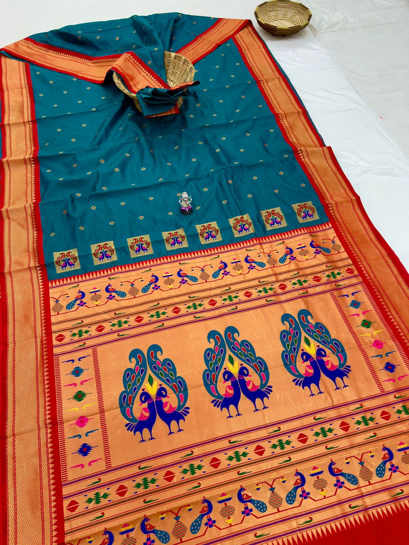 Premium Peacock pallu paithani saree - color turquoise blue with red border