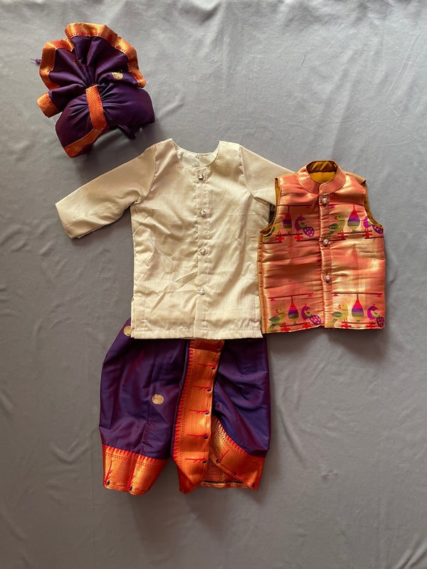 Baby boy set- rich cotton silk kurta with premium paithani dhoti and jacket set with pheta