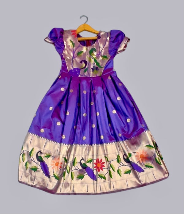 Girls premium purple paithani frock with peacock Border and puff sleeves