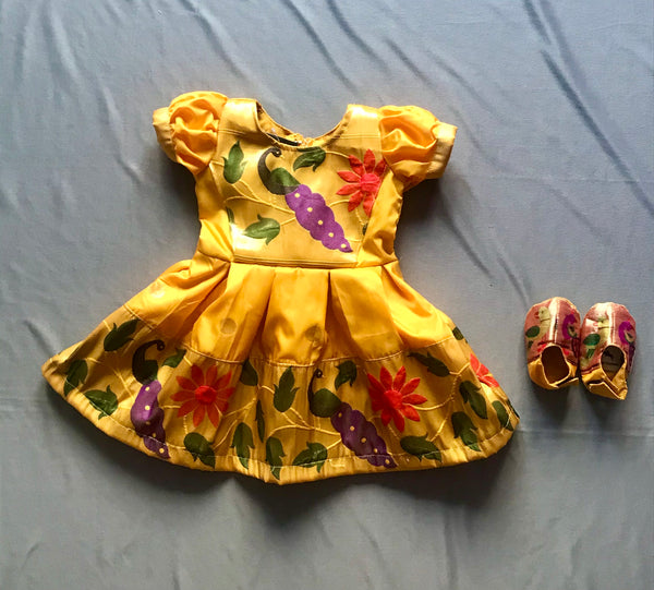 Baby set- yellow paithani puff sleeves frock with booties