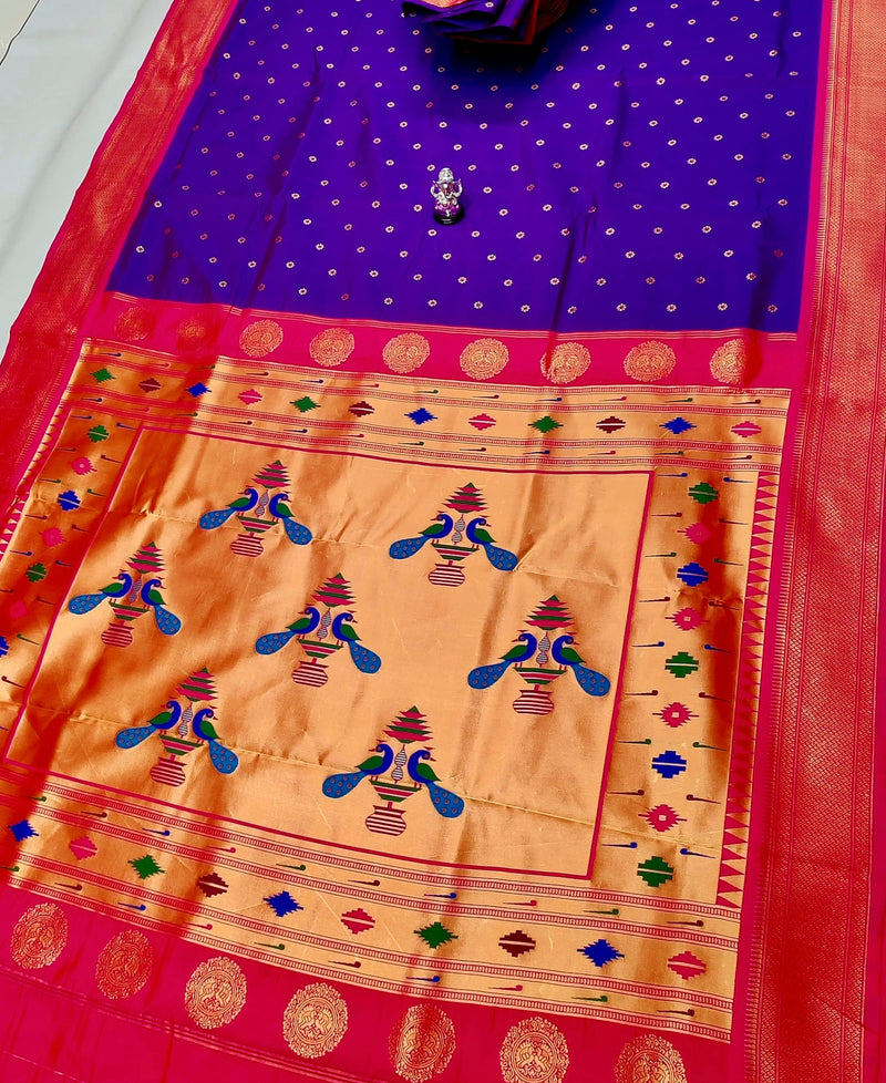 Premium traditional pallu paithani saree - color purple with pink border