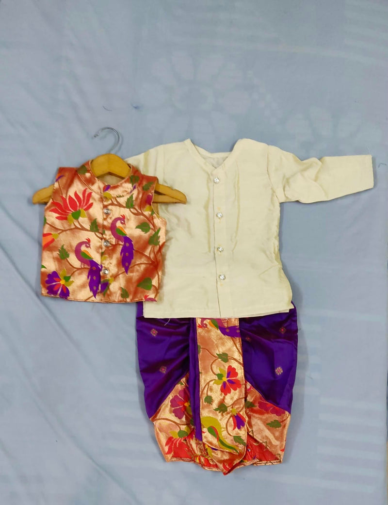 Boy's premium Paithani with peacock border dhoti kurta with all over paithani jacket (cream and purple )