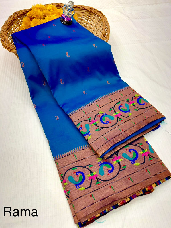 Premium banarsi katan silk paithani saree -color rama with golden peacock border