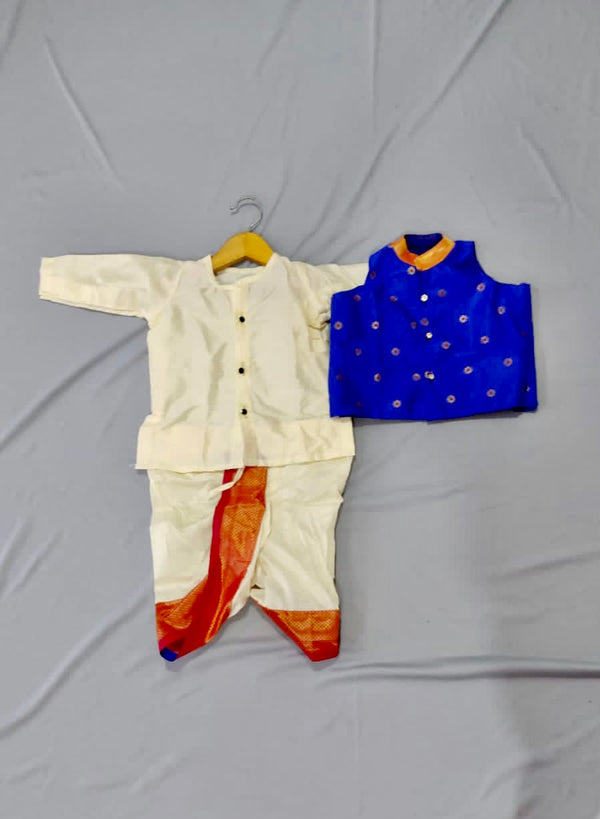 Boy's rich cotton silk dhoti kurta with premium paithani jacket - color royal blue