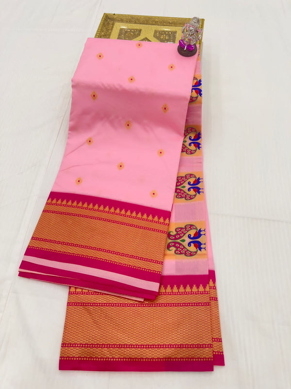 Premium Peacock pallu paithani saree - color baby pink with pink border