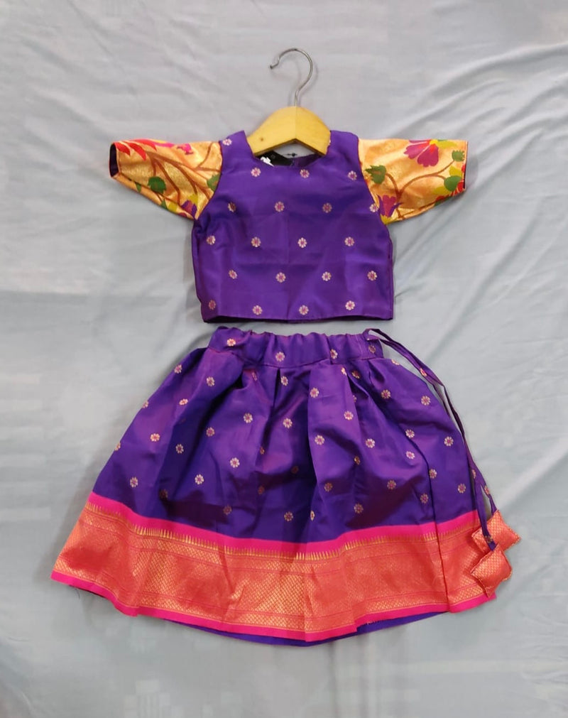 Girls premium purple paithani Skirt with pink Border and paithani sleeves blouse