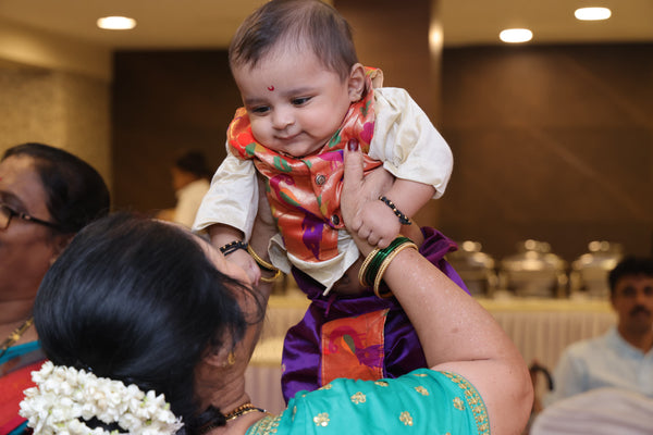 Boy's premium Paithani with peacock border dhoti kurta with all over paithani jacket (cream and purple )