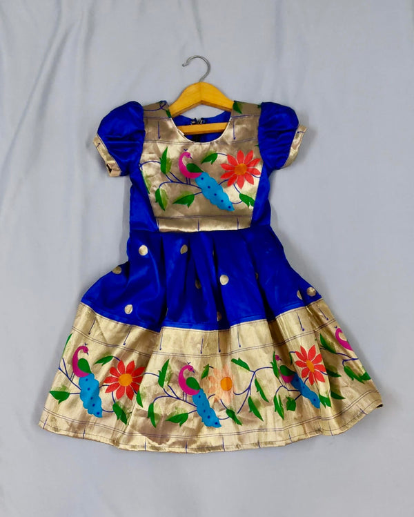 Girls premium blue paithani frock with peacock Border and puff sleeves