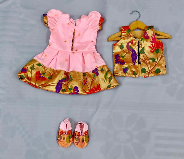 Baby set- premium baby pink paithani frock and jacket with booties