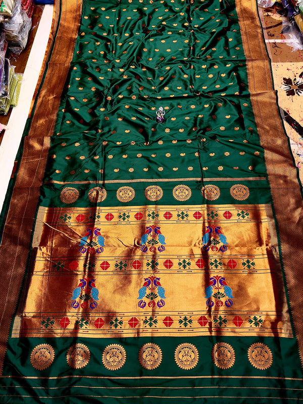 Premium Pure katan silk maharani paithani saree -color green with golden border