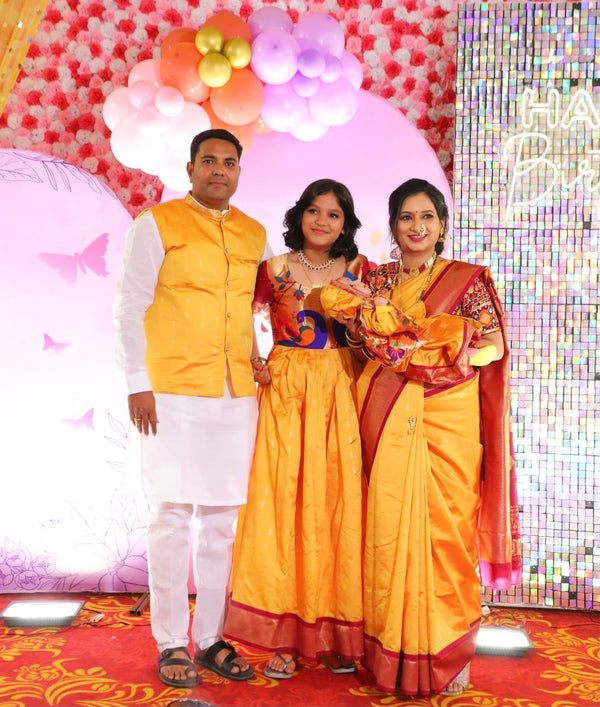 Premium paithani family outfits - color yellow