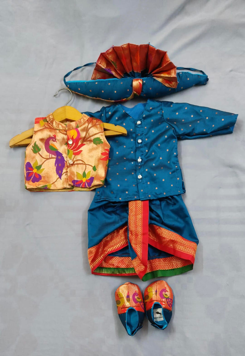 Baby boy set- premium turquoise paithani dhoti kurta and jacket set with pheta