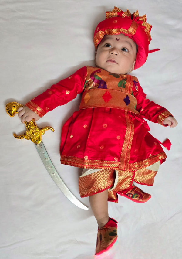 Baby boy set- premium red angarkha paithani dhoti kurta with kamarpatta set with pheta and booties topra