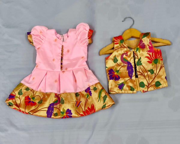 Girls premium baby pink paithani frock(balloon sleeve) with golden Jacket
