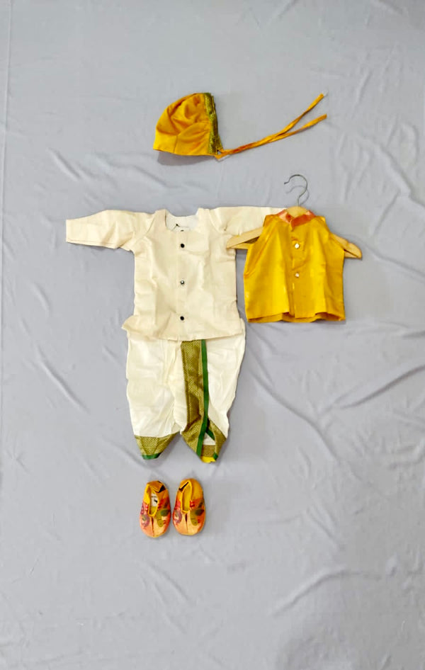 Baby boy set- Rich cotton silk dhoti kurta with yellow premium paithani jacket set with topra and booties
