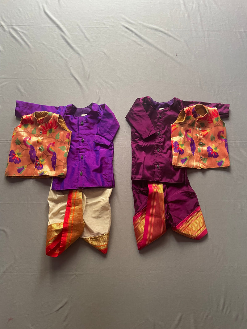 Premium paithani brothers twinning- wine and purple dhoti kurta jacket twinning set