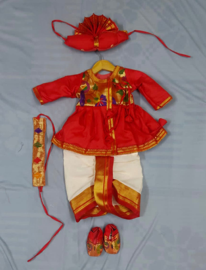 Baby boy set- premium red angarkha paithani dhoti kurta pant with kamarpatta set with pheta and booties