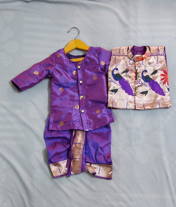Boy's purple premium Paithani with munia border dhoti kurta with jacket