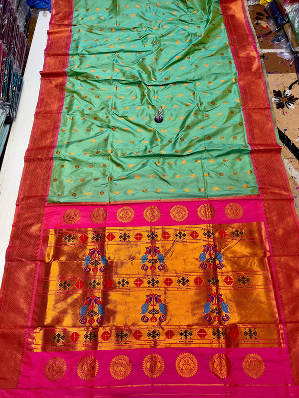 Premium Pure katan silk maharani paithani saree -color pastel green with golden border