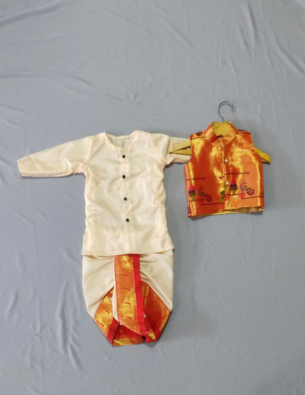 Boy's rich cotton silk (golden cream ) with golden border dhoti kurta with premium paithani jacket