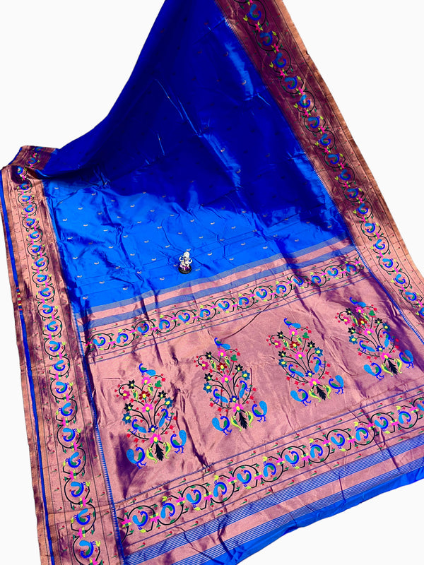 Premium banarsi katan silk paithani saree -color chintamani  with golden peacock border