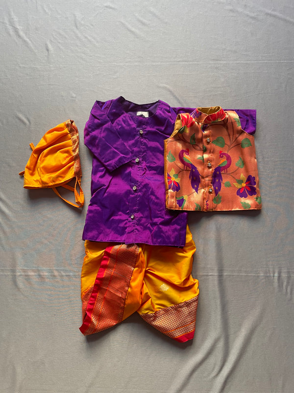 Baby boy set- premium purple paithani kurta with yellow dhoti and jacket set with topra