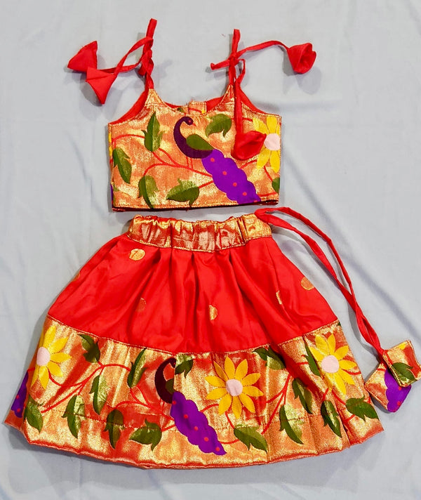 Girls premium red paithani Skirt with peacock Border and spaghetti blouse