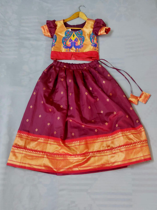 Girls premium wine paithani Skirt with Golden Blouse