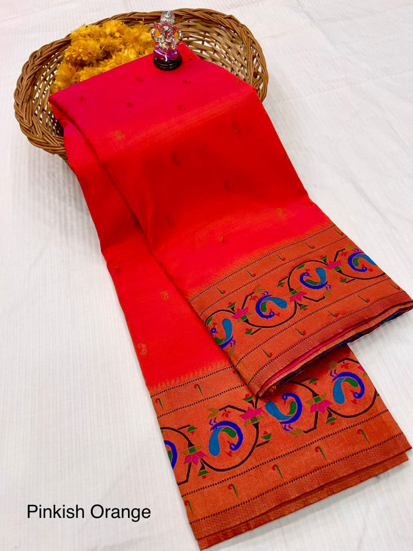 Premium banarsi katan silk paithani saree -color pinkish orange with golden peacock bor